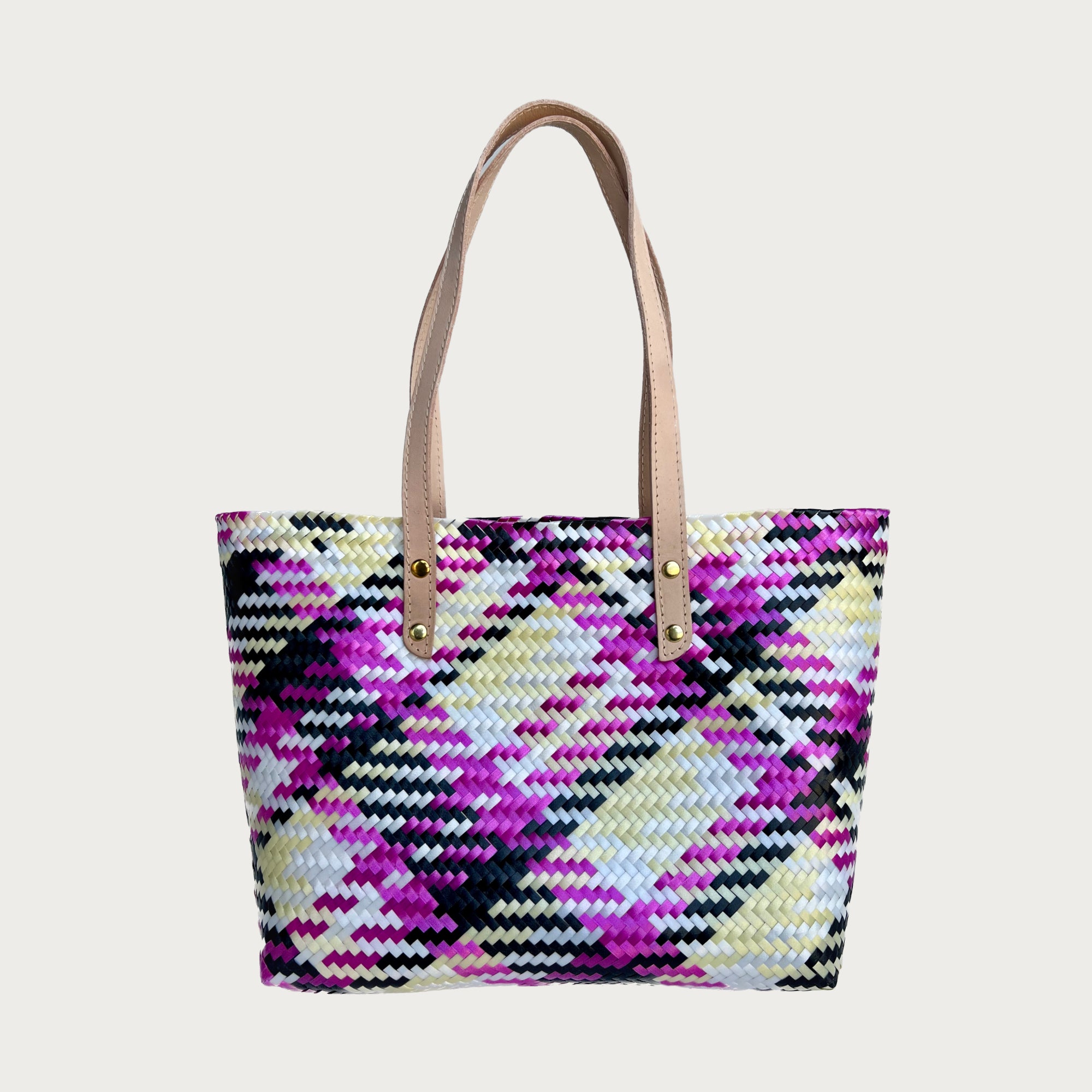 ANA WOVEN LEATHER & PLASTIC TOTE - OAK & ELK