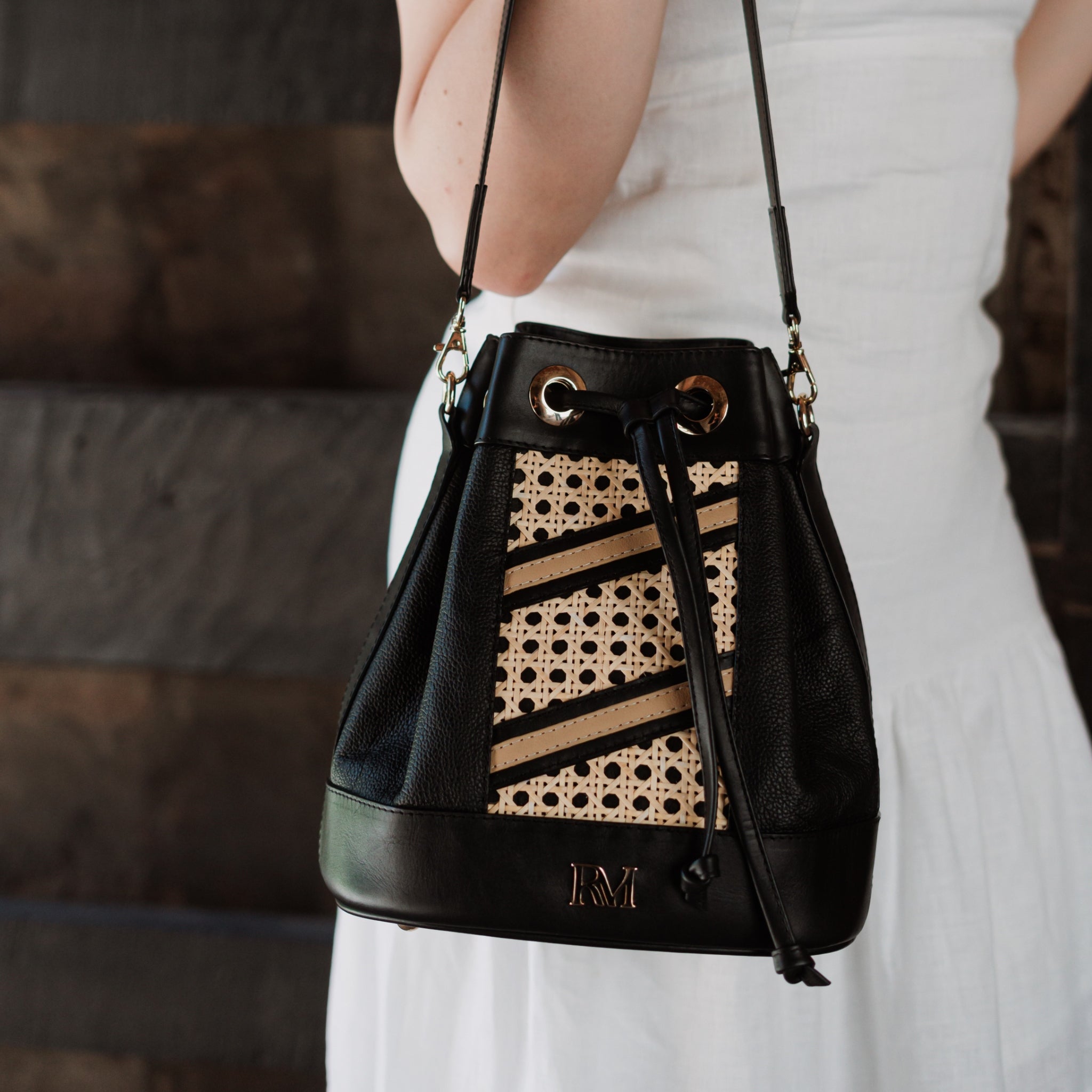 Aruma - Wicker & Black Leather Bucket Bag