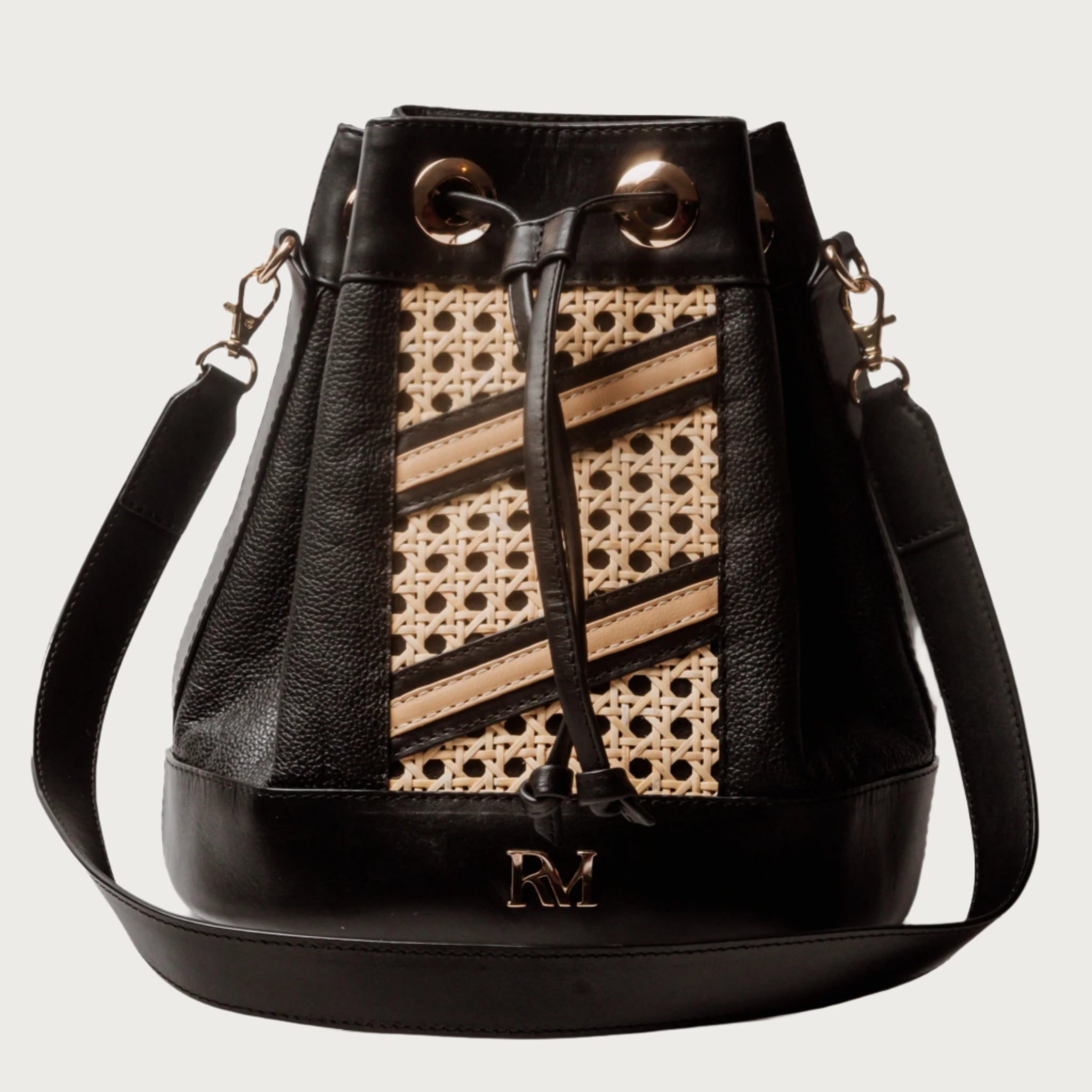 Aruma - Wicker & Black Leather Bucket Bag