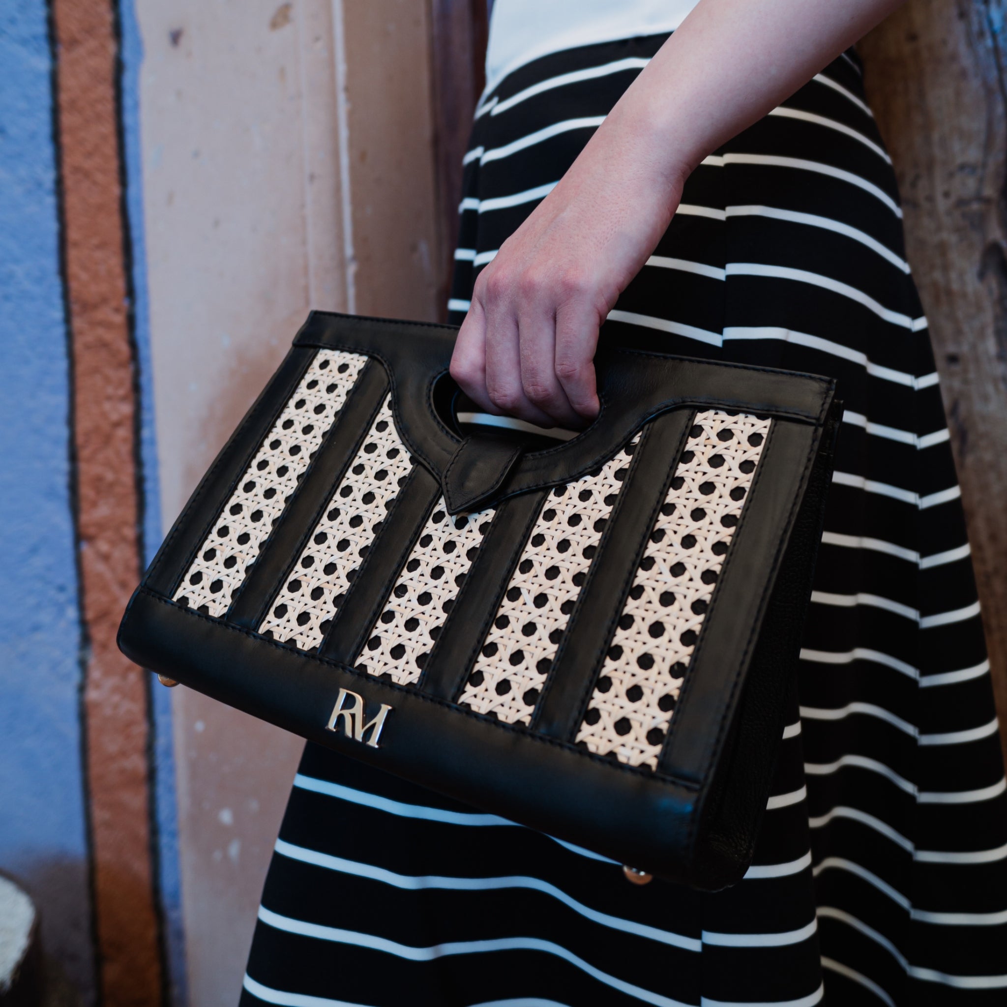 Yali - Wicker & Black Leather Handwoven Clutch Bag