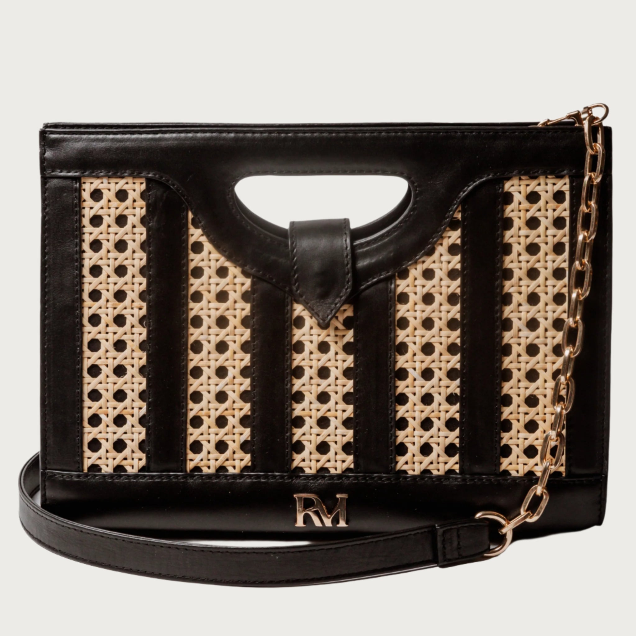 Yali - Wicker & Black Leather Handwoven Clutch Bag