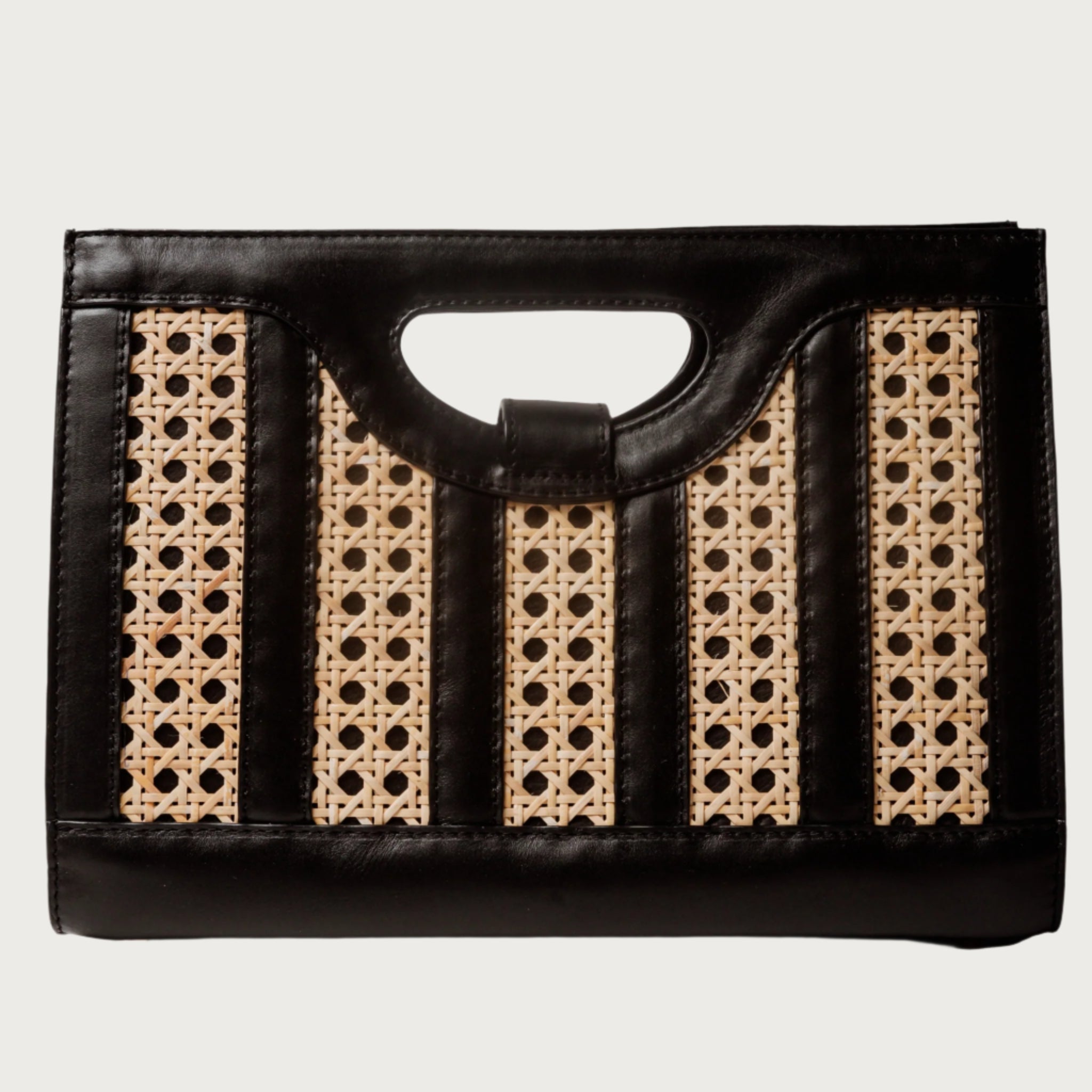 Yali - Wicker & Black Leather Handwoven Clutch Bag